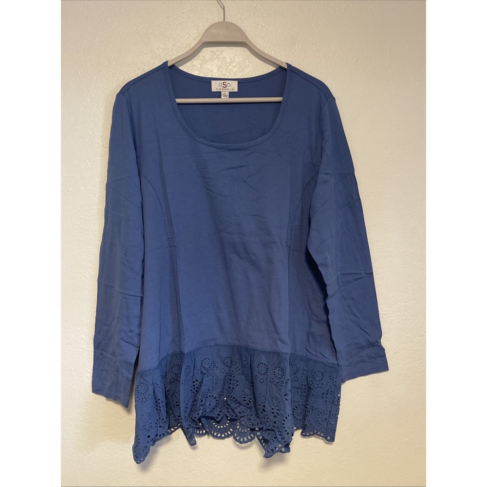 OSO Casuals‎ Knit Eyelet Blouse Shirt Woman's Size XL Blue NEW